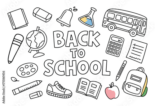 Back to school doodle illustration with books, pencils, school bus, globe, and stationery in hand drawn sketch style education design