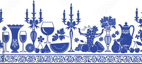 Elegant wine glasses, vintage pitcher, fruit arrangement, floral vase, candle holders, decorative banquet elements, seamless border design, cad drawing flat vector illustration