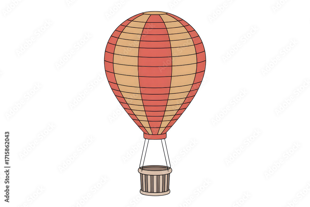 Fototapeta premium A cartoon illustration of a hot air balloon with red and beige stripes and a beige basket. background removed