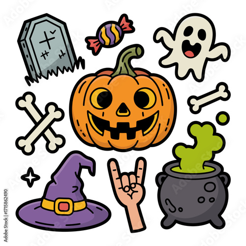 Spooky pumpkin emblem, haunted graveyard symbols, bones cross, bubbling cauldron, witch hat, creepy hand sign, flying ghost, vector