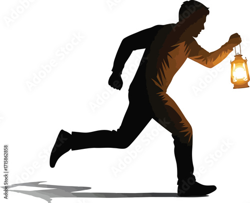 Silhouette of a man running with a lantern in his hand, casting a warm glow in darkness, scene evokes a sense of urgency and mystery