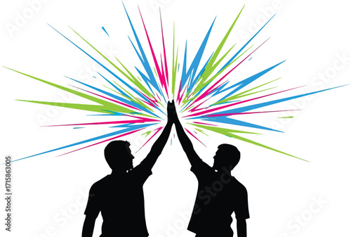 Silhouette of two people giving a high five with colorful burst, image captures excitement of collaboration, conveying a sense of teamwork and success