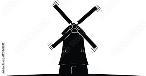 Silhouette of a windmill, its sails turning in wind, creating a dynamic and nostalgic scene reminiscent of rural landscapes and traditional energy sources