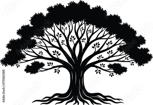 Silhouette of a majestic tree with intricate branches and roots, , conveying strength, growth, and connection to nature in a minimalist design