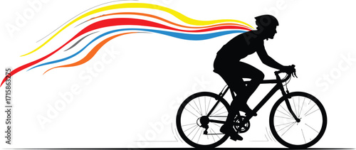 Silhouette of a cyclist riding a bicycle with colorful streaks flowing behind, symbolizing speed and energy, , capturing essence of motion