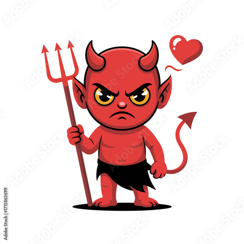 Little devil cartoon, red imp with trident, heart symbol, mischievous Halloween character, cute costume graphic, vector illustration