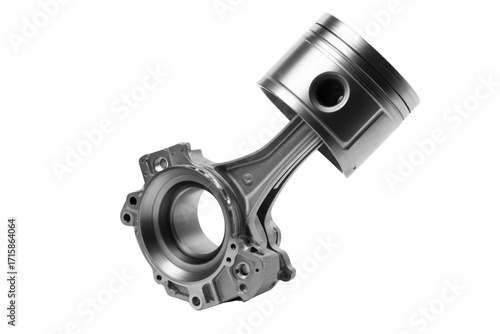 A close-up of a metallic piston and connecting rod assembly, isolated on a transparent background. background removed