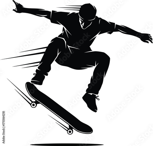 Silhouette of skateboarder performing a trick, athlete is captured midair, showcasing skill, agility, and thrill of extreme sports