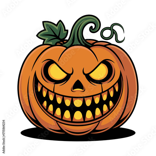 Angry pumpkin face, twisted vine stem, scary jack o lantern, bold Halloween mascot, aggressive grin, detailed vector graphic