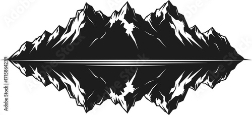 Monochrome illustration of mountain range reflecting in water, peaks are sharp and rugged, creating a dramatic and serene landscape