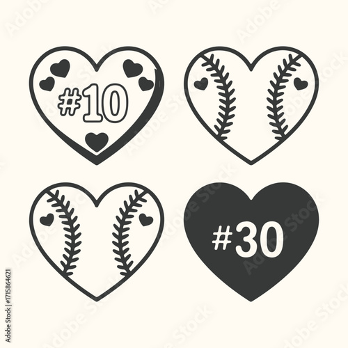 Vector art of set of four heart shapes, two with baseball stitching and numbers, two with small hearts and numbers, on a light cream background