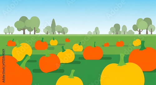 Colorful Pumpkin Patch Field Autumn Harvest Flat Design Illustration