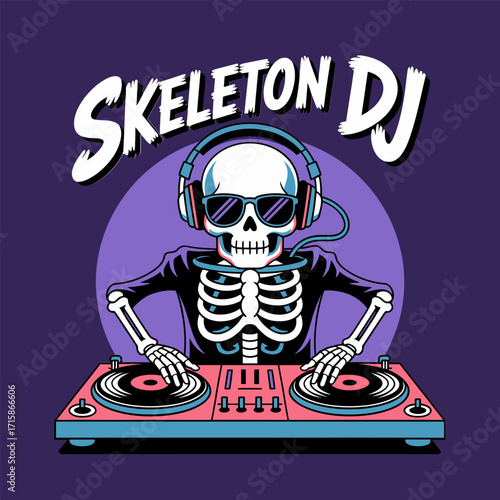 retro skeleton disc jockey, spinning records on decks, bold title, nightlife entertainment graphic, spooky festival poster, editable vector