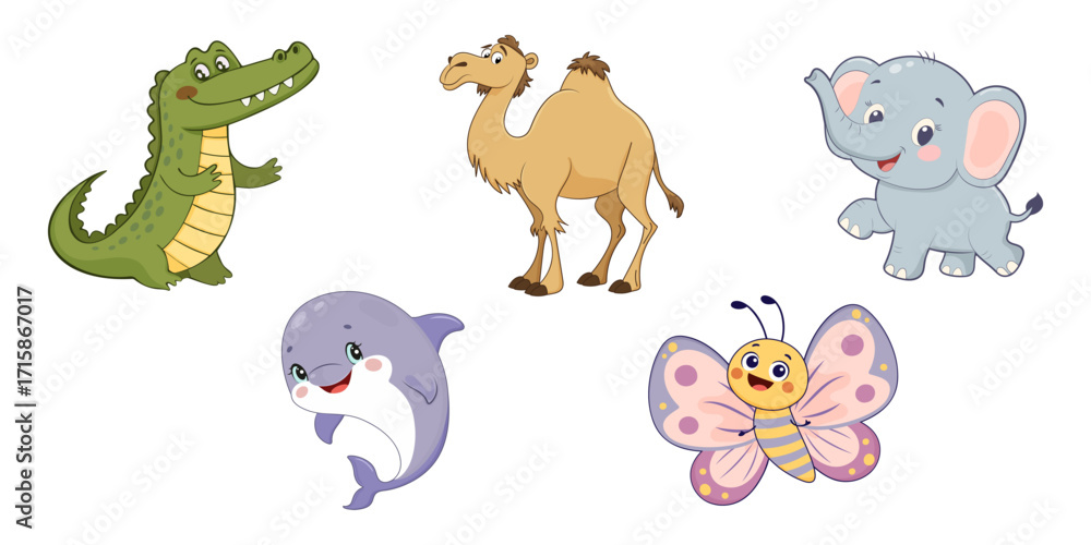 Obraz premium Set of crocodile, camel, elephant, dolphin, and butterfly illustrations perfect for children designs. Vector art isolated on transparent background.