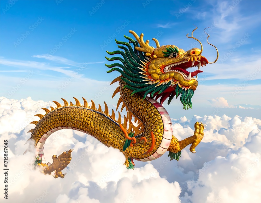 Fototapeta premium Golden dragon soaring above clouds