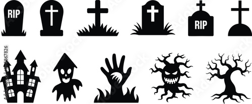 Halloween graveyard icon set with haunted house, ghost, cross, gravestone, twisted tree, scary face, silhouette vector illustration