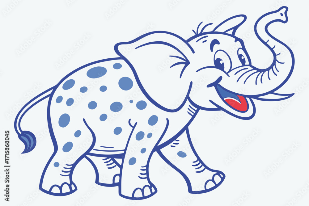 Obraz premium Cartoon White Elephant with Blue Spots, Outline, Red Tongue on White Background