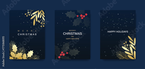 Merry Christmas and Happy New Year! A luxury greeting card or invitation template featuring a golden Christmas tree, branches, and holly on a blue background.
