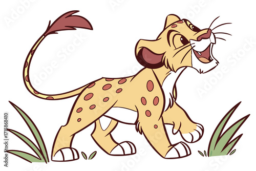 Cartoonish Cheerful Lion Cub Standing in Grass on White Background