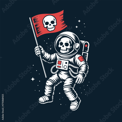 Space skeleton explorer, astronaut suit, waving pirate flag, adventurous mascot, dark background, cosmic skull art, vector illustration