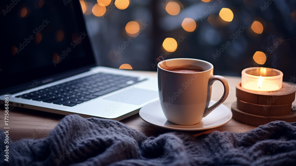 Obraz premium Tasse de café ou cappuccino. Boisson chaude, ambiance chaleureuse et relaxante, dans une chambre, lumière tamisée. Arrière-plan pour conception et création graphique.