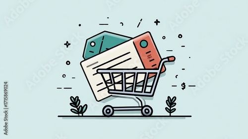 Wallpaper Mural A minimalist illustration of a shopping cart containing two gift cards, implying online gifting or purchases.  Small decorative elements surround it Torontodigital.ca