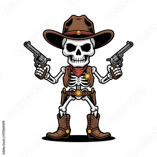Wild west skeleton, cowboy hat, crossed revolvers pose, vintage badge feel, rustic outlaw character, vector illustration