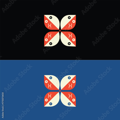 Artistic logo design showcasing a symmetrical, stylized floral or butterflylike form in contrasting color schemes, presented on both black and blue backgrounds