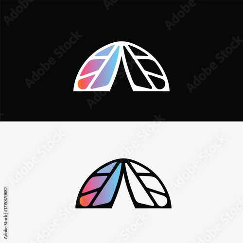 Modern logo design featuring an abstract, tentlike shape with gradient color fill, presented in both black and white background variations, isolated on white background