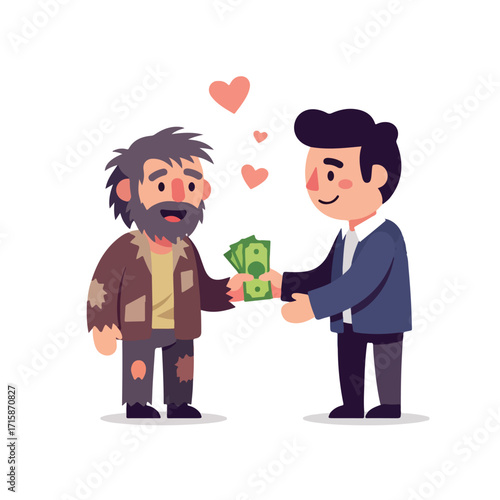 Kind man giving money to a homeless person on the street, showing compassion and support for those in need, spreading love and kindness.