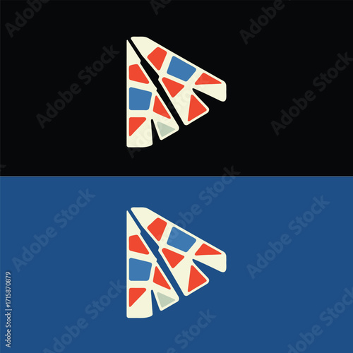 A dynamic paper airplane logo design with a mosaic pattern in red, white, and blue, symbolizing travel, innovation, and forward motion, displayed on both a black and blue background
