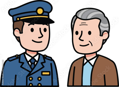 Policeman and senior man stand side by side, smiling in a friendly manner, showcasing community relations and respect between generations.