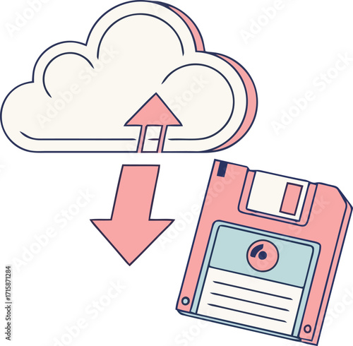 Digital data exchange between vintage floppy disk and modern cloud storage, symbolizing data migration, backup, and archival solutions