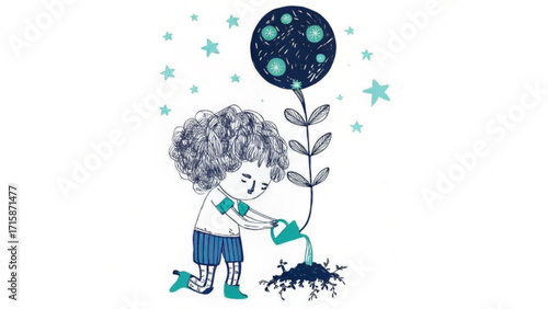 A child watering a plant with a moon as a flower and stars around it in a whimsical illustration silhouette