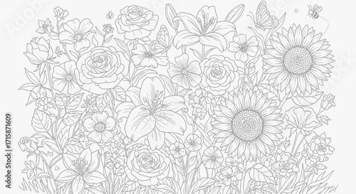 Detailed line drawing of various flowers and plants, including roses, lilies, sunflowers, and other blossoms.