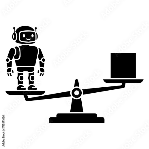 Minimal black silhouette of balance scale with robot, flat vector style, white background.
