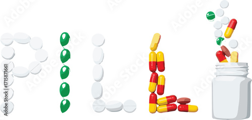 Creative pill typography forming word PILLS with colorful capsules and tablets, symbolizing pharmaceutical concept, drug awareness, healthcare design and medication