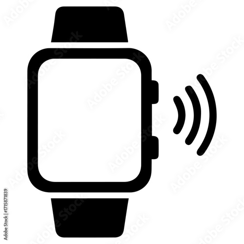 Minimal black silhouette of a smartwatch with nfc waves, flat vector style, white background.
