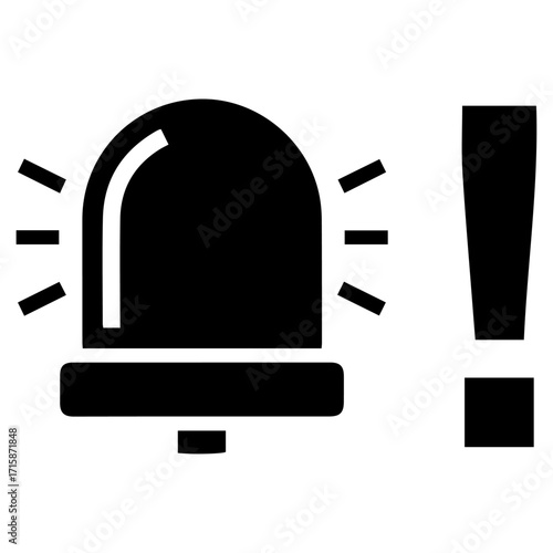 Minimal black silhouette of a siren with exclamation, flat vector style, white background.
