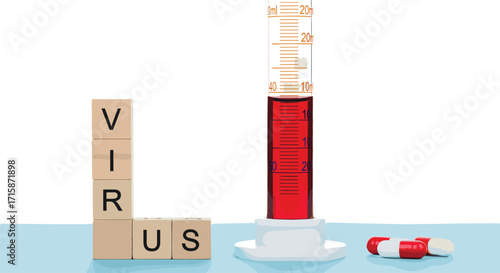 Syringe with red liquid, pills and VIRUS blocks symbolizing medical response, viral treatment, healthcare urgency and pharmaceutical concept illustration