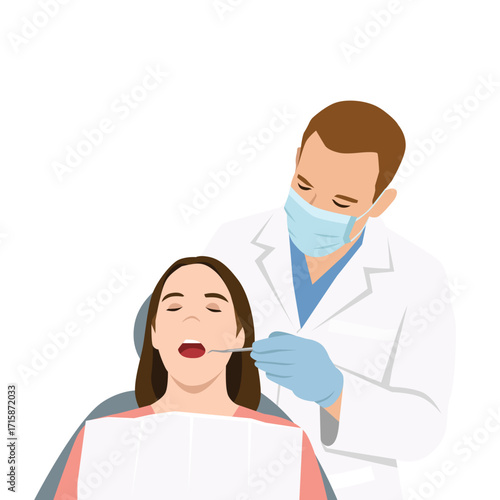 Dentist wearing a mask and gloves while examining a patient teeth in a dental chair. Flat vector illustration isolated on white background