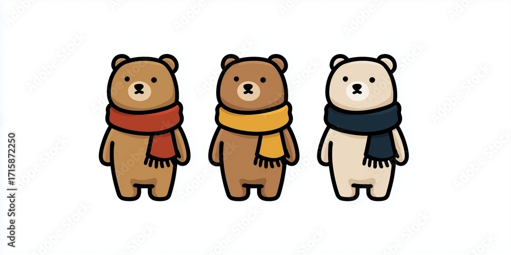 Fototapeta premium Three cute bears wearing colorful scarves cartoon characters vector illustration