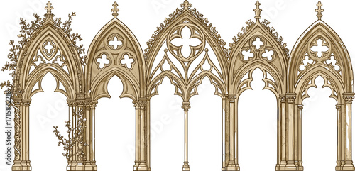 "Gothic architecture, medieval arches, cathedral ruins, stone columns, vintage design, ornamental patterns, historical building, decorative style, cad drawing flat vector illustration"