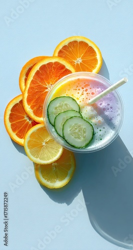 Colorful drink with citrus and cucumber slices
