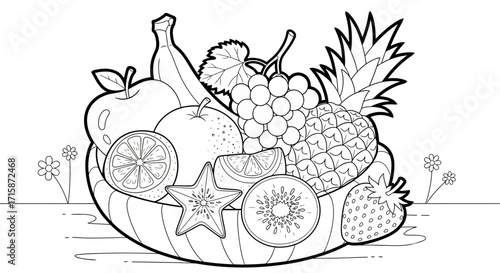 A vibrant fruit bowl overflowing with a delicious assortment of tropical and common fruits, ready for coloring.
