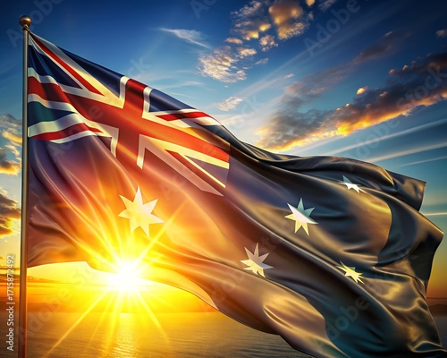 Close up of australian flag waving with sunburst at sunset