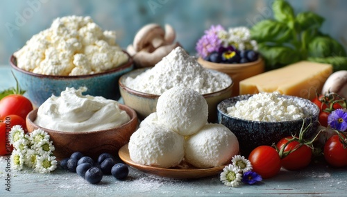 Assorted dairy and baking ingredients arranged on a rustic surface