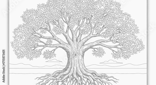 Intricate line drawing of a large, mature tree with extensive roots, detailed leaves, and a landscape background.
