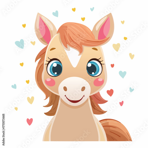 Adorable Cartoon Horse Big Eyes, Friendly Face, Pastel Colors