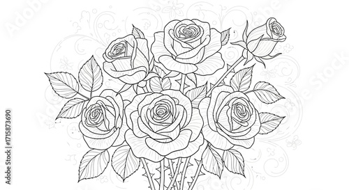 Line art illustration of a bouquet of roses with leaves and stems against a patterned background.